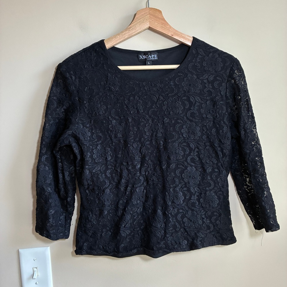 Vintage Xscape Floral Lace Evening Top Large Black Women y2k 3/4 Sleeve Lined